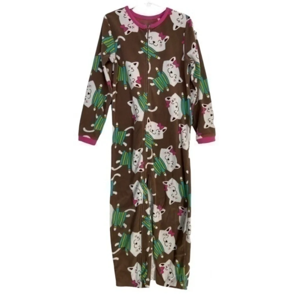 Carters Girls Pajamas Size 6 Fleece Cat Print Zip Up 1 Piece Footless Pajamas